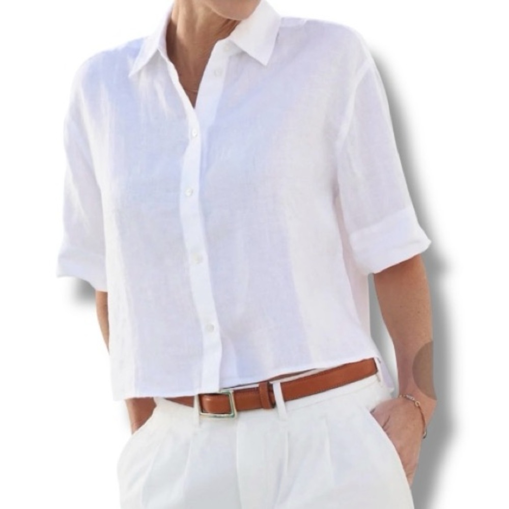 AYR White Cropped Button-Up Linen Shirt